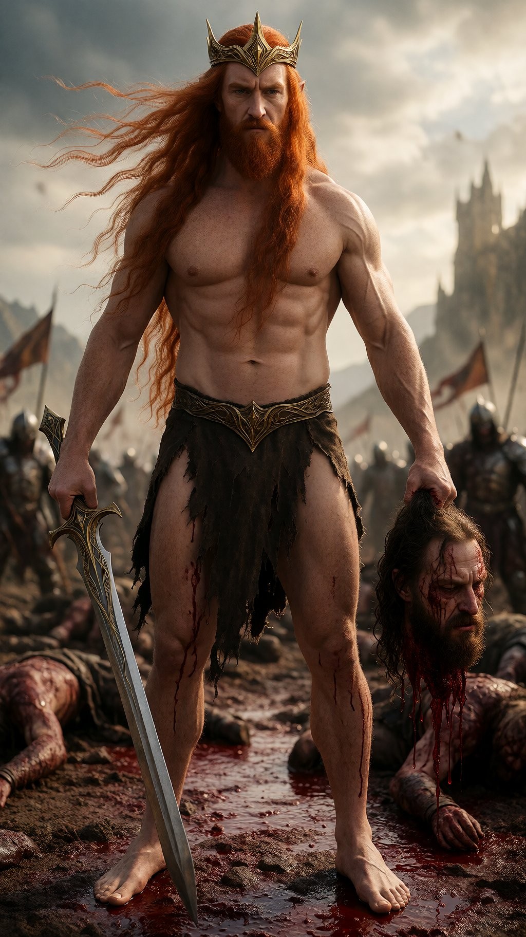 Full body front view of a towering 6ft 8in muscular male elf king with long flowing red hair cascading to his buttocks whipping in the wind, short beard framing a masculine face beneath a golden crown, standing on a battlefield. Only a shredded loincloth with the front flap missing clings to his hips, his erect penis fully displayed. His left hand grips an ornate elven sword, his right hand holds a severed human male head by the hair. Dead bodies litter the blood-soaked ground behind him, grand fantasy atmosphere, realistic anatomy, anatomically correct proportions, natural skin textures, dynamic cinematic lighting, sharp detail, highly detailed, 8k quality.