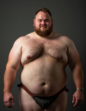 Stocky man standing in front of a dark gray background, posing frontally with a bare torso and a serious, slightly smiling expression. He has a thick reddish beard, short hair, a broad chest with visible hair, a prominent belly and defined navel, as well as relaxed arms at his sides. He wears minimal underwear like a thong or jockstrap with a dark animal-print front and brown straps at the hips, leaving much of the thighs and skin exposed. The studio lighting highlights the texture of the body hair, the shoulders, the abdomen, and the contrast between the fair skin and the neutral background, creating an intimate and direct portrait.