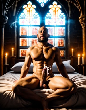 Un monje desnudo, pene grande y testículos prominentes, sentado en catre, se masturba con mano derecha, sandalias en pies, contempla Reloj de la sabiduría, eyacula semen blanco, rodeado de cuerpos masculinos desnudos, pasión y deseo en la abadía medieval de Mont Saint-Michel, con arcos góticos y ventanas iluminadas, ambiente sensual y místico.