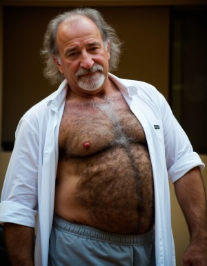 Un anciano de 65 años con calvicie en la parte superior de la cabeza, pero con mechones grises largos y despeinados cayendo por los lados y la nuca, le da un aspecto desaliñado. Su rostro es fofo y redondeado, con una papada colgante y prominentes arrugas alrededor de los ojos y la boca, lo que refleja una vida de excesos. Lleva una camisa blanca ajustada y abierta que se le pega a la barriga cervecera, que le cuelga de manera visible sobre el pantalón de chándal gris, dándole un aire de descuido y falta de preocupación por su apariencia. Los pelos blancos del pecho se le escapan por el cuello de la camisa, añadiendo un toque de descuido a su imagen. La textura de la camisa y el pantalón de chándal es suave y cómoda, lo que sugiere que el anciano valora la comodidad por encima de la apariencia. La iluminación es suave y cálida, resaltando los detalles de su rostro y su figura, y creando un ambiente íntimo y familiar. El estilo de la imagen es hiperrealista, con detalles precisos y una gran atención al realismo, lo que permite apreciar cada arruga y cada pelo del anciano.