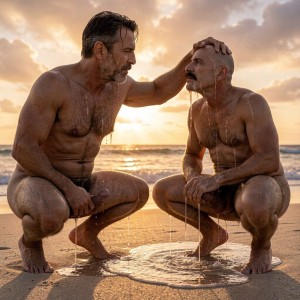 Dos hombres desnudos se agachan sobre la arena húmeda de una playa al atardecer, con el mar y un cielo dorado nublado de fondo. Ambos tienen el cuerpo mojado, vello en el pecho y están orinando, con chorros visibles que caen desde sus penes hacia un charco circular brillante en el suelo. El hombre de la izquierda, con barba y pelo oscuro, apoya una mano sobre la cabeza rapada del otro en un gesto íntimo o dominante, mientras le mira de perfil. El hombre de la derecha, con bigote, permanece en cuclillas y le devuelve la mirada. La escena combina desnudez masculina, playa, puesta de sol, agua, arena mojada y una atmósfera intensa y privada.