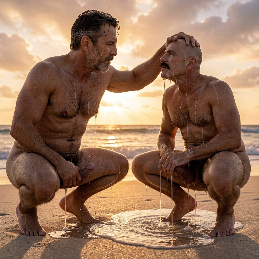 Dos hombres desnudos se agachan sobre la arena húmeda de una playa al atardecer, con el mar y un cielo dorado nublado de fondo. Ambos tienen el cuerpo mojado, vello en el pecho y están orinando, con chorros visibles que caen desde sus penes hacia un charco circular brillante en el suelo. El hombre de la izquierda, con barba y pelo oscuro, apoya una mano sobre la cabeza rapada del otro en un gesto íntimo o dominante, mientras le mira de perfil. El hombre de la derecha, con bigote, permanece en cuclillas y le devuelve la mirada. La escena combina desnudez masculina, playa, puesta de sol, agua, arena mojada y una atmósfera intensa y privada.