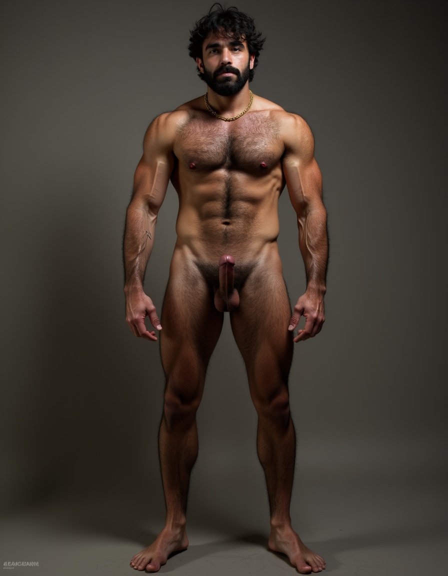 PEDRO de cuerpo entero 8K de hombre mediterráneo muy masculino y muy delgado pero musculoso de pie, cara geométrica brutal con mandíbula cuadrada pesada, pómulos altos anchos, barbilla prominente con hoyuelo, ojos oscuros marrones profundos hundidos con cejas gruesas densas, nariz grande puente ancho recto forma griega, bigote morsa negro denso espeso cayendo en extremos cubriendo labio superior completamente, pelo negro rizado voluminoso desordenado, cuello grueso de toro con nuez prominente, pecho ancho cubierto vello negro rizado denso, pectorales voluminosos definidos con surco central profundo, cadena dorada colgando en surco pectoral, pezones oscuros marrón rojizo areolas anchas, abdominales six-pack marcados, vello corporal abundante formando trail oscuro vertical desde pecho hasta entrepierna, brazos musculosos gruesos con venas marcadas deltoides prominentes bíceps grandes tríceps herradura cubiertos vello negro, manos grandes dedos gruesos nudillos prominentes pelo dorso manos, piernas musculosas cuádriceps voluminosos muslos gruesos cubiertos vello negro denso rodillas huesudas pantorrillas gemelos forma diamante, pies grandes anchos pelo empeine, polla erecta treinta centímetros gruesa ocho centímetros diámetro color marrón oscuro curvada arriba venas dorsales marcadas prepucio largo glande ancho rojizo apuntando hacia arriba, huevos grandes colgando bajos escroto oscuro arrugado tamaño huevos gallina XL, piel aceitunada bronceada mediterránea, iluminación natural realista, fotorrealista, hiperdetallado, desnudo completo. Pies desnudos. Polla erecta dura hacia arriba