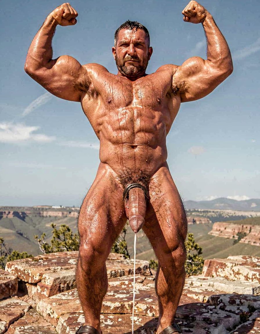 A hyper-masculine ancient Zapotec warrior named Cocijo, 26 years old, standing perfectly still under the brutal midday sun on the rocky summit of Cerro La Cantera in San Pablo Huitzo, Oaxaca, 600 AD. Completely naked except for worn leather strip sandals. Square jaw clenched, thick veiny neck, bronze skin drenched in sweat. Extremely powerful and fully flexed physique: massive square pectorals tensed to the maximum, thick dark wet chest hair matted against the hard muscle, large erect nipples. Deeply carved eight-pack abs glistening with sweat, thick black treasure trail running down to a dense dark pubic bush. Enormous arms raised and flexed hard overhead, biceps bulging like cannonballs with thick veins, triceps perfectly defined and tensed like horseshoes. Thick hairy thighs locked in full tension. His massive 35cm cock is rock-hard and throbbing violently, held tightly at the very base by Gayon Von Neumann’s strong hand, the swollen head continuously leaking thick white precum that runs down the shaft and over the fingers. A thick black leather cock ring is locked brutally tight at the root, behind his heavy balls, making the entire package look painfully swollen, darker and pulsing non-stop. Cocijo stares straight up with total obedience, every muscle in his body still tensed and displayed for inspection. Raw, dominant, extremely virile ancient masculine atmosphere, dramatic sunlight casting strong shadows on every ridge of muscle, hyper-realistic and extremely detailed.