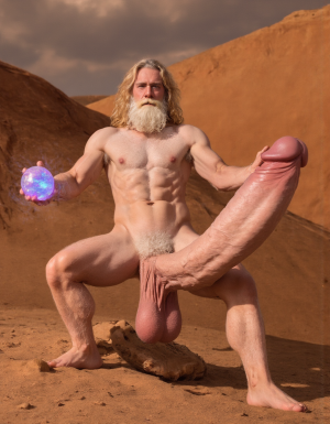 Enrique es un hombre muy delgado de 50 años, tiene cabello largo con canas blancas, tiene barba blanca abundante y larga. Está totalmente desnudo, en su mano izquierda lleva una bola de cristal donde se reflejan luces mágicas. Tiene un cuerpo muy delgado con músculos marcados y definidos. 💪🏼. Tiene un pene erecto de 36,8 cm de longitud y 7,9 cm de diámetro. Tiene mucho vello corporal blanco que cubre su pecho brazos y piernas. Está en la arena del desierto entre grandes dunas de arena color terracota.

Federico es un hombre delgado de 32 años con una barba rubia oscura abundante , está totalmente desnudo, tiene un cuerpo atlético y vigoroso, tiene mucho vello corporal rubio oscuro que cubre su pecho y también sus brazos y sus piernas, tiene una barba muy poblada de pelo rubio oscuro. Federico está en la arena del desierto. Tiene un pene erecto de 35,5 cm de longitud y 8,8 cm de diámetro que sobresale por encima de sus testículos que están a la vista y son muy peludos. Penes están erectos y excitados sexualmente.