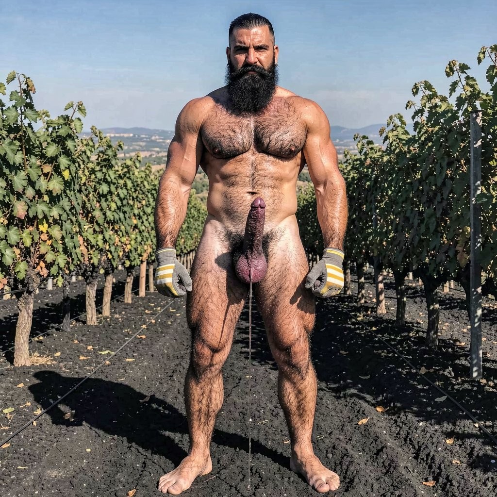 A hyper-realistic full-body vertical photograph taken in harsh midday Santorini sunlight over black volcanic soil between rows of Assyrtiko vines. Dimitris, 32, stands completely naked except for grey work gloves with yellow and white stripes, feet planted wide apart on the dark earth, toes gripping the soil. Shot from a low frontal angle so every inch from his big dirty feet to the top of his head is visible without cropping. His body is at 5% body fat, extremely muscular competition physique: huge veiny traps and shoulders, massive hairy pecs, eight-pack abs partially covered by dense black curly body hair that runs from his neck all the way down to his toes. Extremely thick black pubic bush, massive thick veiny Greek cock rock-hard and pointing upward almost touching his abs, swollen purple glans shiny with precum, a long clear drop hanging from the slit. Heavy low-hanging hairy balls. Thick black hair covers his powerful thighs, calves and feet. His face is pure predator: long thick connected black beard and mustache, short jet-black hair with shaved sides, dark intense eyes looking straight at the viewer, small silver earring in left ear. Skin deeply tanned and covered in sweat that makes the dense body hair glisten. Every muscle, every strand of wet black hair, every vein is razor sharp under the direct Mediterranean sun. Maximum photorealistic detail, vertical composition showing the entire body head to toe with no cropping.