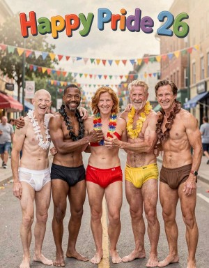 Five smiling men pose barefoot on a street decorated for a Pride celebration, under large multicolored text that says “Happy Pride 26.” They are wearing brief-style underwear in white, black, red, yellow, and brown, with Hawaiian flower leis and colorful drink glasses, conveying a festive, summery, and inclusive atmosphere. In the background there are colorful triangular pennants crossing the street, urban buildings, terraces, and several people walking around, creating a joyful and community-oriented Pride parade scene. The composition highlights diversity of ages and bodies, with a bright, colorful, and celebratory aesthetic.
