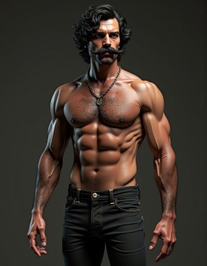 PEDRO de cuerpo entero 8K de hombre mediterráneo muy masculino y muy delgado pero musculoso está de pie, textura de piel natural híper realista, cara geométrica brutal con mandíbula cuadrada pesada, pómulos altos anchos, barbilla prominente con hoyuelo, ojos oscuros marrones profundos hundidos con cejas gruesas densas, nariz grande puente ancho recto forma griega, bigote morsa negro denso espeso cayendo en extremos cubriendo labio superior completamente, pelo negro rizado voluminoso desordenado, cuello grueso de toro con nuez prominente, pecho ancho cubierto vello negro rizado denso, pectorales voluminosos definidos con surco central profundo, cadena dorada colgando en surco pectoral, pezones oscuros marrón rojizo areolas anchas, abdominales six-pack marcados, vello corporal abundante formando trail oscuro vertical desde pecho hasta entrepierna, brazos musculosos gruesos con venas marcadas deltoides prominentes bíceps grandes tríceps herradura cubiertos vello negro, manos grandes dedos gruesos nudillos prominentes pelo dorso manos, piernas musculosas cuádriceps voluminosos muslos gruesos cubiertos vello negro denso rodillas huesudas pantorrillas gemelos forma diamante, pies grandes anchos pelo empeine, polla erecta treinta centímetros gruesa ocho centímetros diámetro color marrón oscuro curvada arriba venas dorsales marcadas prepucio largo glande ancho rojizo apuntando hacia arriba, huevos grandes colgando bajos escroto oscuro arrugado tamaño huevos gallina XL, piel aceitunada bronceada mediterránea, iluminación natural realista, fotorrealista, hiperdetallado, desnudo completo. Pies desnudos. Polla erecta dura hacia arriba