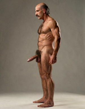 Mike Morris, a 32-year-old extremely lean Caucasian male with only 8% body fat, stands completely naked in a strict military attention pose captured in a full-body exact side profile at 90 degrees from his left side. The shot runs from the tips of his size 44 slightly hairy feet all the way up to the top of his bald head, showing his entire body without any cropping. His physique is dry, highly vascular and powerfully defined: massive square pectorals seen in perfect side silhouette, dense dark brown chest hair forming a thick T-pattern, sharply carved six-pack abs in clear profile, narrow waist, wide lats, powerful thighs and diamond-shaped calves. Dramatic directional studio lighting comes from high and slightly in front of him, creating strong rim lighting that traces the sharp outline of his entire body, the texture of his dense dark body hair on chest, lower back, ass and legs, and deep shadows that accentuate every muscle separation, vein and the extreme dryness of his 8% body fat physique. His advanced Norwood III-IV bald scalp shines under the light, with short dense dark brown hair on the sides and back of his head. His square angular face is shown in pure profile: strong jawline, prominent chin with slight central dimple, thick dark handlebar mustache, heavy brow and intense deep-set brown eye looking straight forward with a serious, commanding expression. His penis is fully visible in perfect side view, completely natural and realistic: thick, 24 cm long when fully erect, with a natural slight upward curve, prominent dorsal veins, long foreskin partially covering the pink-red glans, and realistic lighter skin tone. Below it hang his large, low-hanging testicles with wrinkled darker skin and dense dark brown hair. The extremely thick, curly dark brown pubic bush climbs almost to his navel and surrounds the base of his cock and balls generously. Every anatomical detail from his veined hands and forearms to his muscular ass, hamstrings, diamond calves and hairy toes is perfectly proportioned and free of any deformation. Photorealistic, high-contrast, masculine 1970s Colt Studio aesthetic with subtle grainy film texture.