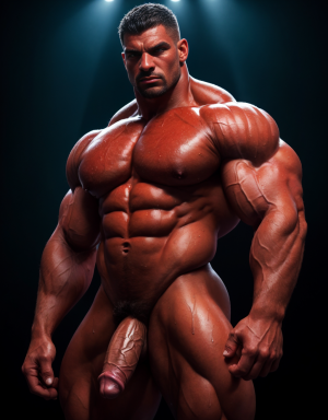 Culturista masivo, flexionando músculos enormes con arrogancia, mostrando un pene colosal, erección total, mirada desafiante, sudor en la piel, iluminación dramática, fondo oscuro, destacando su anatomía impresionante.