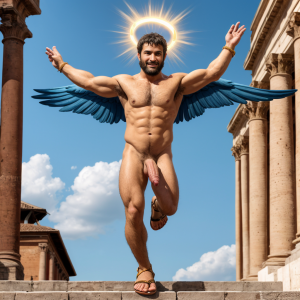 En el año 49 a.C., Julio César desnudo con pene grande. Está por las calles de la ciudad de Roma. Cneo Pompeyo Magno, bronceado y con testículos peludos, muestra su bíceps derecho con orgullo. Tiene un aro luminoso y alas blancas azuladas, destacando sus genitales velludos, sandalias, monedas esparcidas y geranios. Salta hacia arriba subiendo al cielo. Es muy atractivo. Está volando entre nubes. Se ve todo el cuerpo muy bonito, cabeza y pies con sandalias..