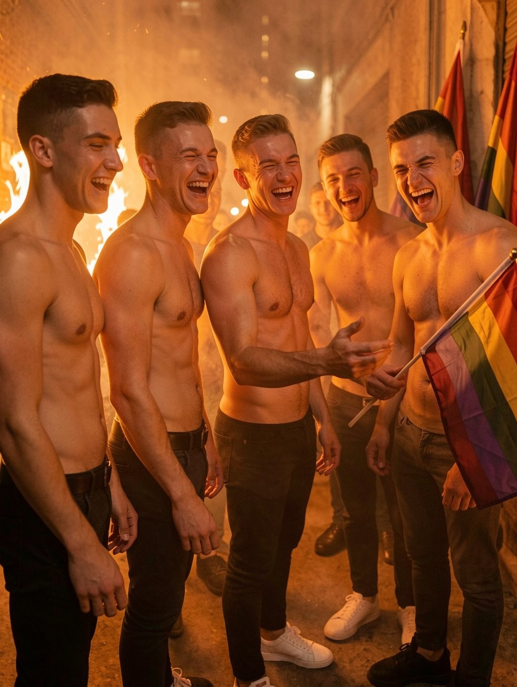 Cinco hombres jóvenes sin camiseta posan riendo en un callejón nocturno iluminado por luces cálidas y humo ambiental, creando una escena festiva y energética. Llevan pantalones oscuros y muestran una actitud relajada, alegre y cómplice, con cuerpos atléticos y expresiones de diversión compartida. A la derecha destaca una bandera arcoíris del orgullo LGTBI sostenida junto al grupo, aportando un claro contexto de celebración, diversidad y comunidad. El entorno urbano, con paredes de ladrillo, reflejos anaranjados y una atmósfera de fiesta callejera, refuerza la sensación de orgullo, libertad y camaradería.