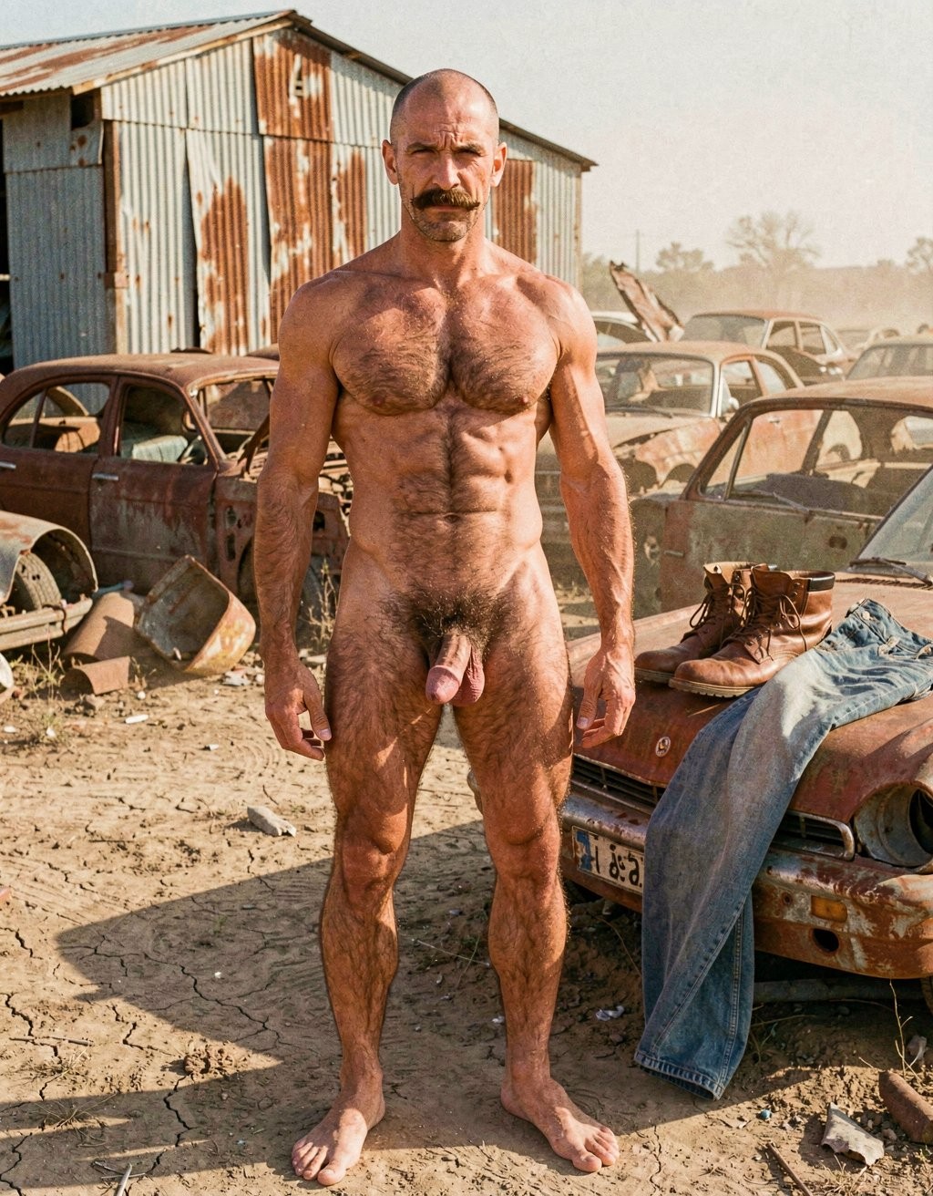 Un hombre desnudo, calvo y con bigote, posa de pie en un desguace polvoriento, mirando directamente a la cámara con expresión seria. Su cuerpo musculoso y muy definido, con pecho velludo, abdominales marcados y piernas fuertes, queda completamente expuesto, incluido el pene y el vello púbico. Alrededor hay coches antiguos oxidados, chatarra, tierra seca y una nave de chapa corroída que refuerzan el ambiente industrial y abandonado. A la derecha, sobre el capó de un vehículo deteriorado, descansan unos vaqueros azules y unas botas marrones, sugiriendo que acaba de quitarse la ropa en medio del paisaje árido y decadente.