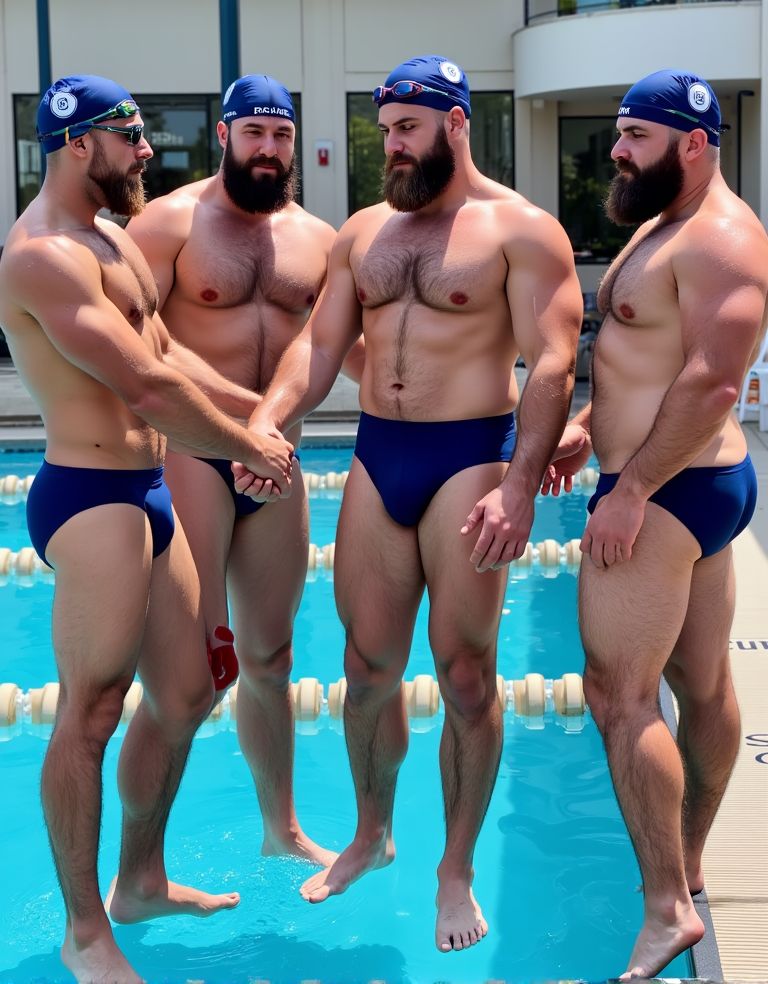 Cinco chicos de mediana edad, musculosos con barba corta, todos con bañador pequeño marcando enormes bultos  en la piscina, pertenecen al equipo de natación de GMadrid y llevan distintivos de este equipo, gorro y gafas iguales, bañadores pequeños en color azulón. Se dan la mano.
