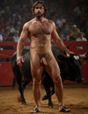 Hombre musculoso y velludo, torero español de 50 años, con un torso musculoso, tiene un pene hermoso perfecto y de tamaño XXL, tiene mucho vello púbico denso y moreno, piel bronceada y sudorosa. Tiene una barba incipiente, mientras su cabello largo castaño oscuro está despeinado y sudoroso, con gotas de sudor que resbalan por su frente y mejillas. Su torso es muy musculoso marcado definido y sus abdominales y pectorales están muy marcados y definidos, tiene un vello corporal muy denso que se extiende desde su pecho hasta sus piernas y hasta sus brazos y espalda.
Tiene un pene muy grueso con forma perfecta es el centro de atención y está rodeado de un denso vello púbico castaño oscuro. Tiene dos testículos grandes y perfectamente formados que cuelgan por debajo. Tiene piel bronceada con brillo de sudor y sus músculos están en forma y bien definidos con aspecto delgado pero sobresalen sus pectorales muy marcados sin nada de grasa.

La escena está en una plaza de toros en un ambiente sensual con sombras que resaltan la musculatura y el vello corporal del hombre.
Tiene sandalias en sus pies. Su pene está erecto y enseña un gran prepucio y un grande glande 