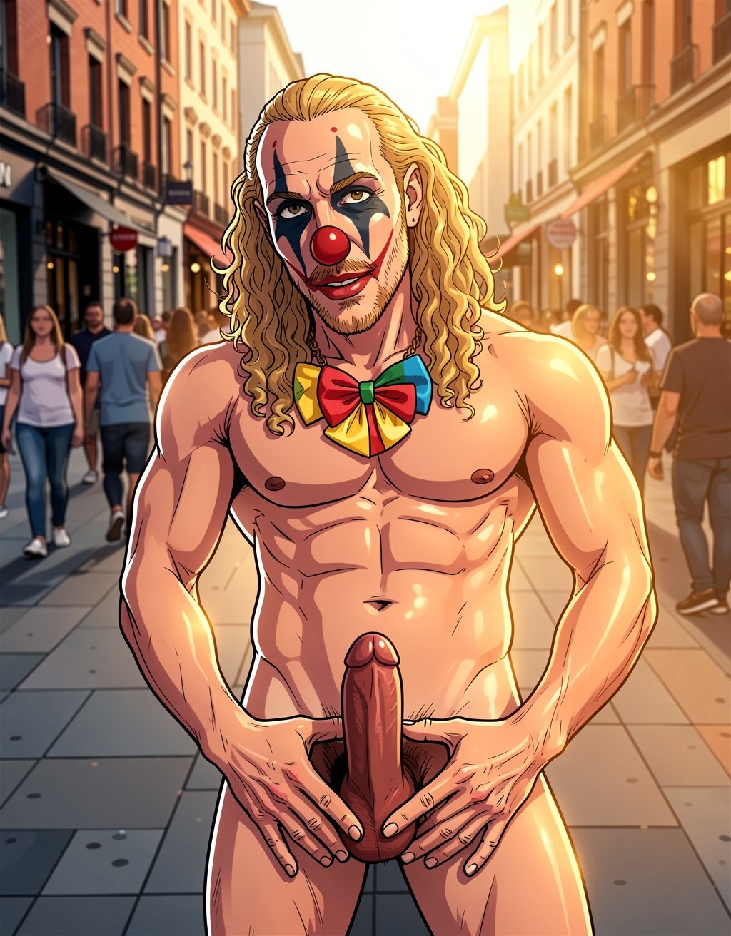 A naked man dressed as a clown poses on a busy urban street at sunset, with a muscular torso, long blond hair, black-and-white makeup around his eyes, a red nose, and a red painted smile. He wears a multicolored circus-style bow tie and holds his erect penis with both hands, occupying the center of the composition with a provocative attitude. In the background, blurred pedestrians walk among buildings, shop windows, and sidewalks lit by warm light, creating a contrast between the everyday city atmosphere and the explicit, theatrical, and striking figure of the naked clown.