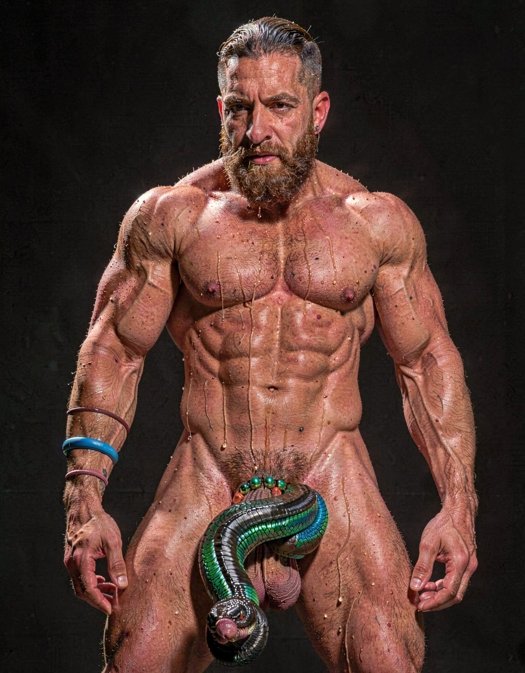 A powerful muscular 40-year-old Greek man named Dimitris with an athletic hairy body, dense dark fur covering his broad chest, powerful thighs and groin, heavy thick dark beard, strong masculine features and sweaty tanned skin stands completely naked with an intense aroused expression, veins visible on his arms and legs. A large glossy python with shiny black and iridescent emerald green scales has reached his thick hairy right thigh and is accelerating its urgent sinuous pace, long forked tongue flicking rapidly and repeatedly out of its mouth tasting the thick heavy air saturated with raw masculine sweat and testosterone. The snake’s thick powerful muscular body slides deliberately between his hairy legs and coils extremely tightly around his heavy low-hanging balls with multiple hot firm rings, completely enveloping the testicles in a possessive grip, squeezing them hard and lifting them upward with slow rhythmic constricting pulses that make the scrotum skin stretch tightly and glisten with sweat under the intense pressure. Dramatic cinematic side lighting with strong specular highlights on the glossy scales and beads of sweat rolling down the hairy skin, deep shadows emphasizing every muscle and scale, intense erotic tension mixed with subtle danger, ultra detailed, photorealistic, sharp focus, rich textures, cinematic atmosphere.