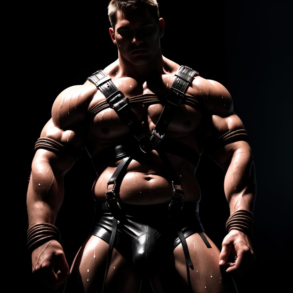 Hombres musculosos con arnés de cuero, atados con cuerdas gruesas,((( bondage intenso))), cuerpos tensos, sudorosos, piel realista, ropa interior ajustada, fondos oscuros, iluminación dramática, sombras profundas, atmósfera sensual y provocativa.