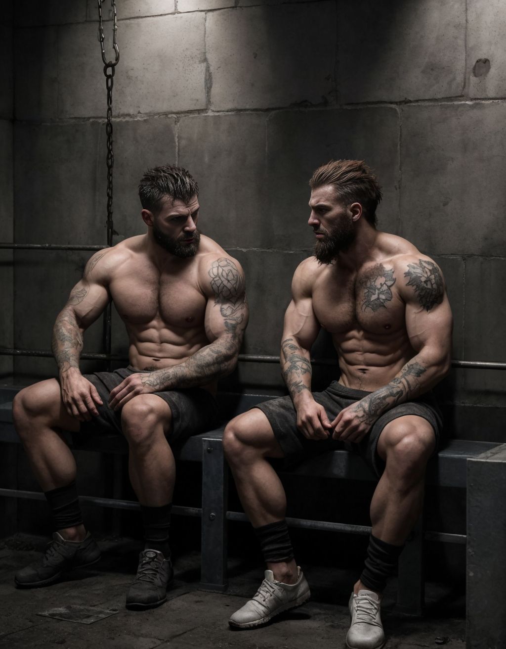 Hombres atractivos y musculosos en ropa interior, sentados en catres metálicos, en una celda de prisión oscura y sombría, con paredes de piedra frías y barrotes de hierro oxidados, iluminación tenue y sombras profundas, expresiones de desesperanza y resignación, ropa interior blanca y gris, cuerpos tonificados y definidos, tatuajes visibles en los brazos y torsos, cabello despeinado y barbas incipientes, ambiente de desolación y abandono, texturas realistas y detalles precisos, iluminación dramática y sombreado intenso.