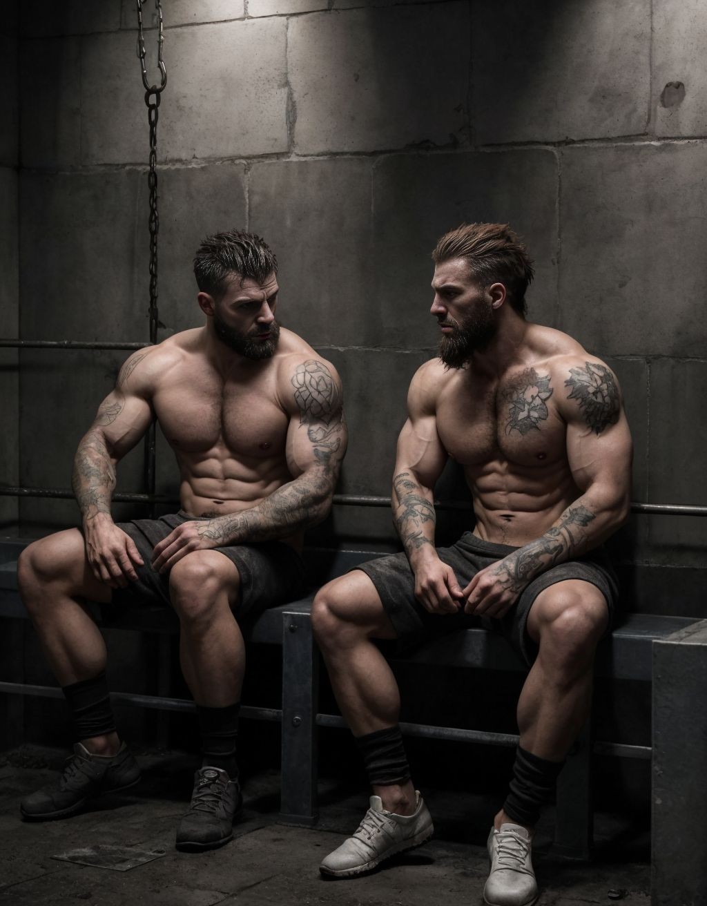 Hombres atractivos y musculosos en ropa interior, sentados en catres metálicos, en una celda de prisión oscura y sombría, con paredes de piedra frías y barrotes de hierro oxidados, iluminación tenue y sombras profundas, expresiones de desesperanza y resignación, ropa interior blanca y gris, cuerpos tonificados y definidos, tatuajes visibles en los brazos y torsos, cabello despeinado y barbas incipientes, ambiente de desolación y abandono, texturas realistas y detalles precisos, iluminación dramática y sombreado intenso.