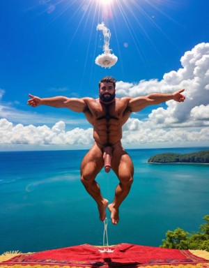 Hombre desnudo musculoso y con mucho vello sobre una alfombra voladora en el paraíso terrenal. Vuela por las nubes. Tiene pene enorme por donde eyacula semen.