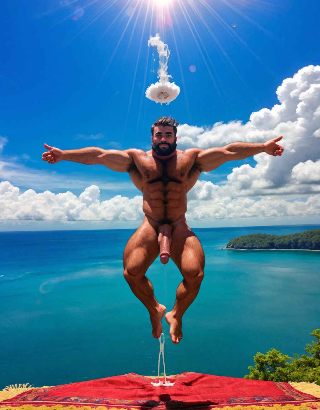 Hombre desnudo musculoso y con mucho vello sobre una alfombra voladora en el paraíso terrenal. Vuela por las nubes. Tiene pene enorme por donde eyacula semen.