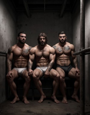 Hombres atractivos y musculosos en ropa interior, sentados en catres metálicos, en una celda de prisión oscura y sombría, con paredes de piedra frías y barrotes de hierro oxidados, iluminación tenue y sombras profundas, expresiones de desesperanza y resignación, ropa interior blanca y gris, cuerpos tonificados y definidos, tatuajes visibles en los brazos y torsos, cabello despeinado y barbas incipientes, ambiente de desolación y abandono, texturas realistas y detalles precisos, iluminación dramática y sombreado intenso.