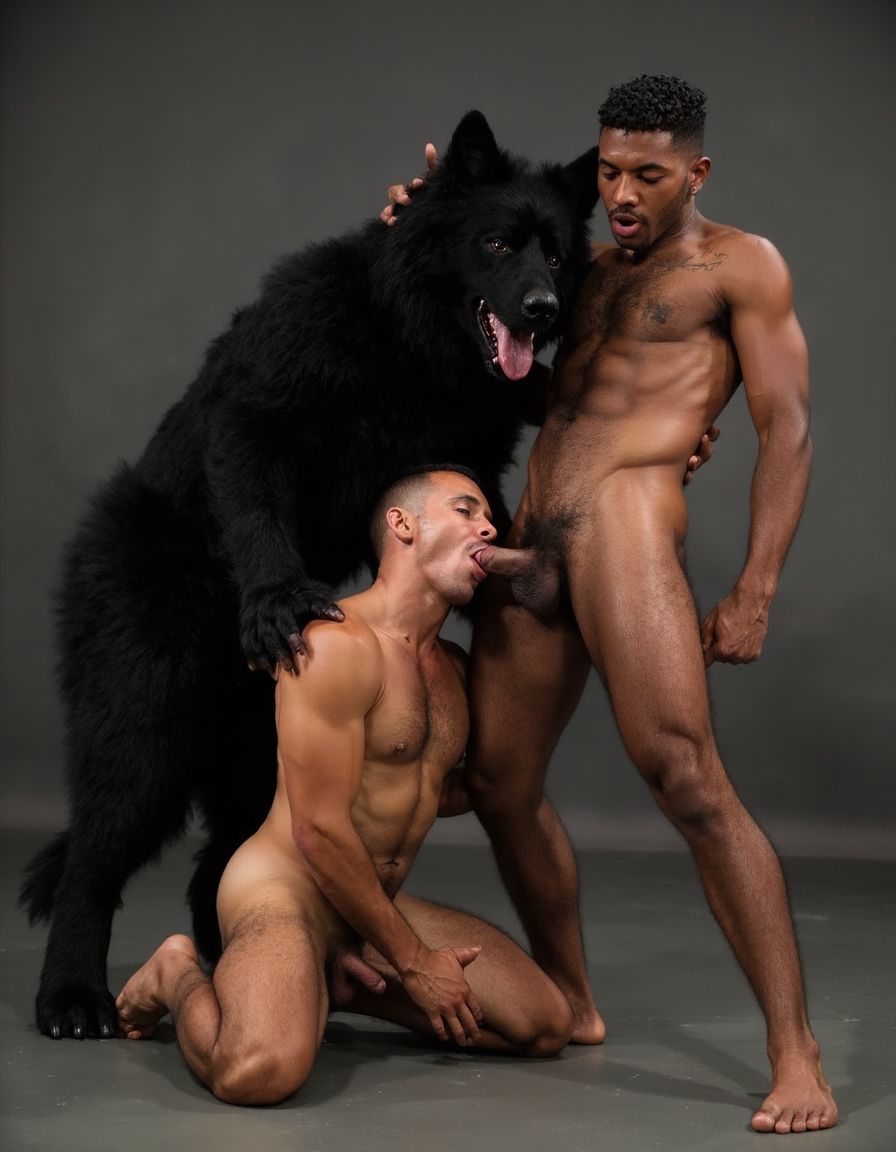 Hombre Lobo, polla gigante, follando a un muchacho de pelo oscuro rapado y con patillas muy viril velludo con gran polla y huevos de gran tamaño. El hombre lobo de rodillas se come con su boca la polla del muchacho 