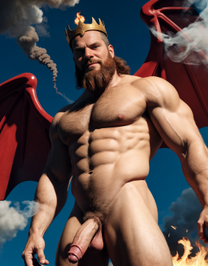 Cneo Pompeyo Magno desnudo con pene grande y testículos grandes peludos. Dobla el brazo derecho para enseñar los bíceps del brazo derecho con gran orgullo. Tiene mucho vello por todo el cuerpo. Está bronceado. Tiene corona de oro. Tiene alas de diablo negras y rojas oscuro. Los brazos están hacia arriba implorando rayos y fuego. Tiene un chorro de fuego en el pene erecto que sale a chorros rojos hacia arriba de su pene erecto tieso hacia arriba. Sus ojos son grandes y rojos. Está enseñando sus grandes testículos. Tiene testículos grandes y oscuros. Está alumbrado con mucha luz blanca y roja por todo el cuerpo. Es muy atractivo. Está rodeado de llamas y humo. Tienen cara fuerte de maldad y con barba muy grande y ojos diabólicos