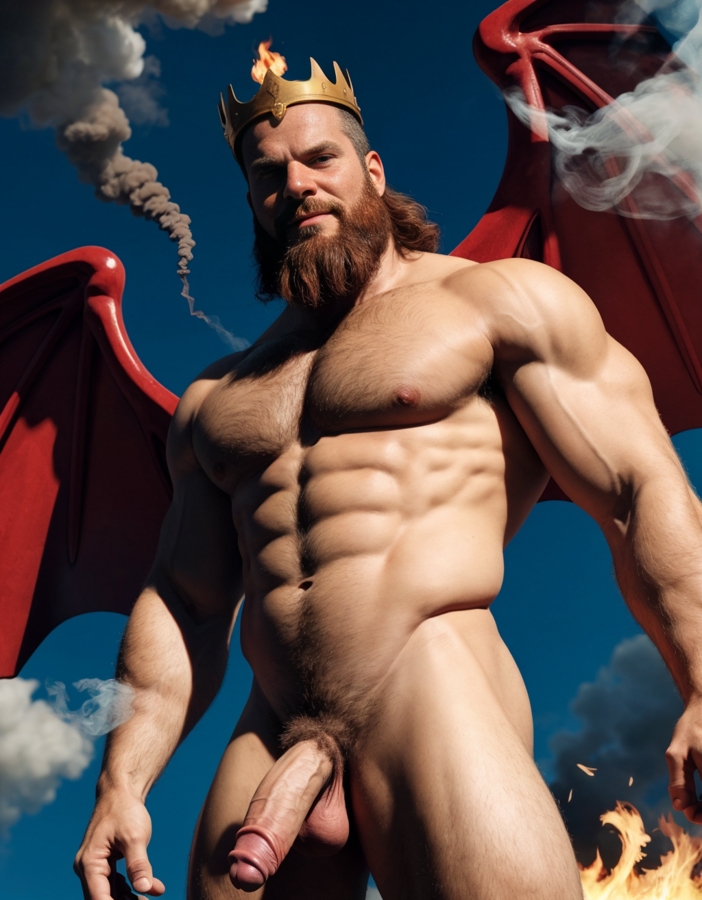 Cneo Pompeyo Magno desnudo con pene grande y testículos grandes peludos. Dobla el brazo derecho para enseñar los bíceps del brazo derecho con gran orgullo. Tiene mucho vello por todo el cuerpo. Está bronceado. Tiene corona de oro. Tiene alas de diablo negras y rojas oscuro. Los brazos están hacia arriba implorando rayos y fuego. Tiene un chorro de fuego en el pene erecto que sale a chorros rojos hacia arriba de su pene erecto tieso hacia arriba. Sus ojos son grandes y rojos. Está enseñando sus grandes testículos. Tiene testículos grandes y oscuros. Está alumbrado con mucha luz blanca y roja por todo el cuerpo. Es muy atractivo. Está rodeado de llamas y humo. Tienen cara fuerte de maldad y con barba muy grande y ojos diabólicos