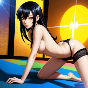 Una trans delgada, pecho pequeño, pelo negro a media melena, viste lencería negra ajustada, pene pequeño visible, a cuatro patas, ofreciendo su culito, mirada seductora, ojos redondos piel suave y blanca, ropa interior ceñida, pose provocativa y sensual.