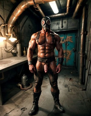 Hombre desnudo con máscara de gas, standing en una mazmorra industrial oscura, grilletes en muñecas, ropa rota, suelo de hormigón, tuberías oxidadas, atmósfera tóxica, piel sudorosa, musculoso, con pene visible, luz tenue de lámparas industriales.