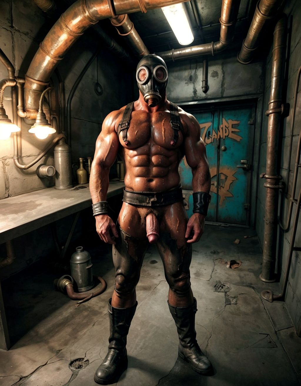 Hombre desnudo con máscara de gas, standing en una mazmorra industrial oscura, grilletes en muñecas, ropa rota, suelo de hormigón, tuberías oxidadas, atmósfera tóxica, piel sudorosa, musculoso, con pene visible, luz tenue de lámparas industriales.