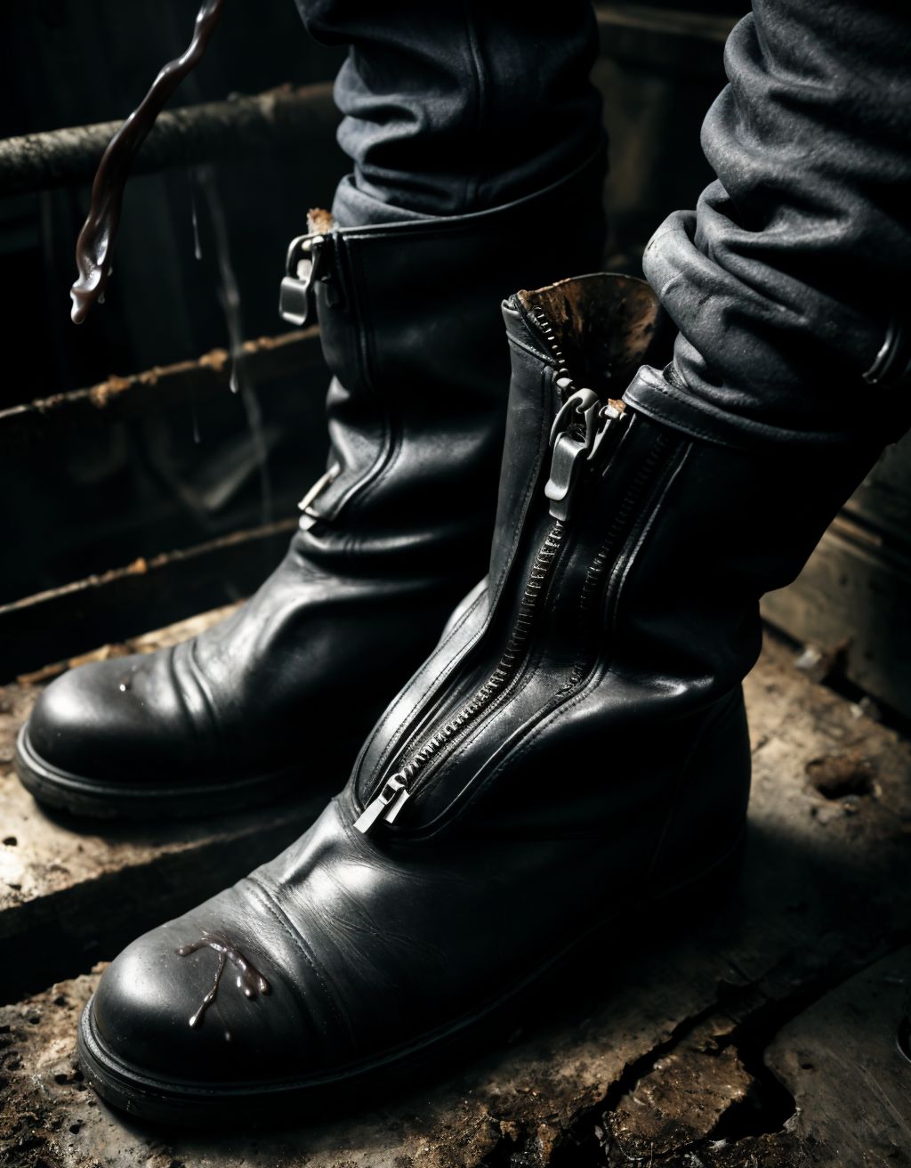 Botas negras de cuero manchadas de semen, con cremallera desabrochada, sucias y desgastadas, en un ambiente oscuro y sensual, con gotas de líquido seminal resbalando por la superficie, textura rugosa y olor a cuero y sexo.