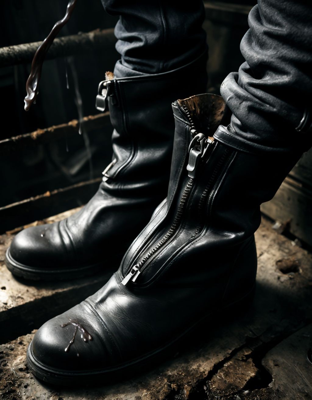 Botas negras de cuero manchadas de semen, con cremallera desabrochada, sucias y desgastadas, en un ambiente oscuro y sensual, con gotas de líquido seminal resbalando por la superficie, textura rugosa y olor a cuero y sexo.