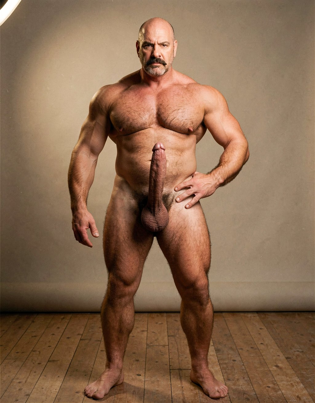 Mike Morris, a powerfully built 32-year-old man with advanced male pattern baldness and a thick dark brown handlebar mustache, stands naked in a warmly lit 1970s studio, his muscular body covered in dense dark brown hair across his broad chest and thick forearms, his erect penis fully exposed and standing long and thick, the prominent glans catching the light, heavy testicles hanging low beneath a dense patch of dark pubic hair. His bare feet are planted firmly on a worn wooden floor, the definition of his calf muscles and quadriceps sharply visible, one hand loosely at his side, the other resting on his hip, his expression intense and direct. Soft golden studio key light from above-left sculpts every detail of his defined pectorals, abdominal six-pack, and the veins running along his forearms and the dorsal side of his erect shaft, with deep shadows under his muscles, the image rendered in ultra-sharp focus with rich warm tones and subtle film grain, capturing the iconic Colt Studio aesthetic at its highest resolution.