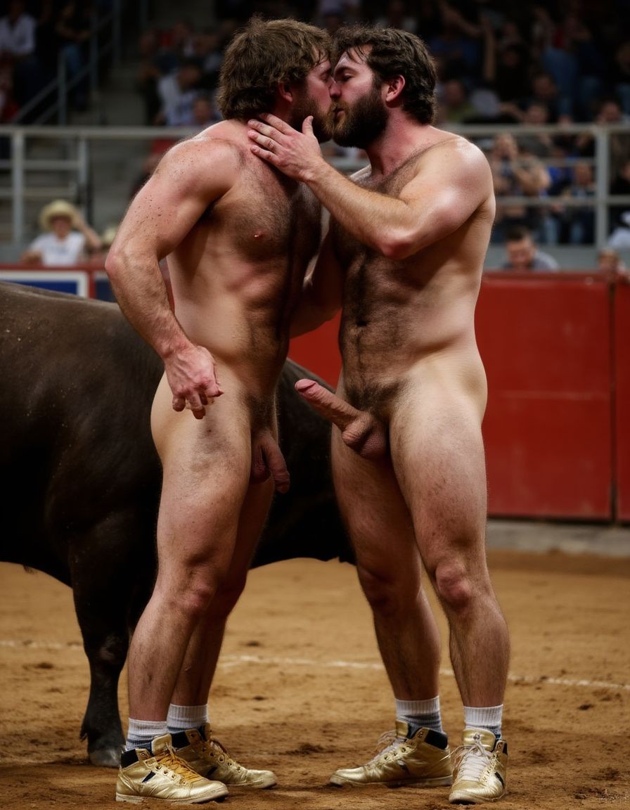 Un torero español musculoso y velludo de 50 años, con torso atlético y marcado, se muestra completamente desnudo, destacando su pene de 30 cm de longitud y 5 cm de grosor, perfectamente formado y rodeado de un denso vello púbico castaño oscuro. Sus testículos, perfectamente formados, cuelgan de forma prominente. La piel bronceada y sudorosa resalta su musculatura definida, con pectorales y abdominales bien marcados y sin grasa. El cabello largo y castaño oscuro está despeinado y sudoroso, con gotas de sudor resbalando por su frente y mejillas. Una barba incipiente y un vello corporal denso que se extiende por su pecho, piernas y brazos completan su apariencia viril. Lleva zapatillas doradas en sus pies.

A su lado, un hombre musculoso y velludo de 30 años, completamente desnudo, muestra un pene de 30 cm de longitud y 7 cm de grosor, hermoso y perfecto, rodeado de un denso vello púbico pelirrojo. Su piel bronceada y sudorosa muestra una musculatura definida, con pectorales y abdominales muy marcados. Tiene cabello pelirrojo despeinado y sudoroso. Tiene una barba pelirroja densa pero bien recortada. El vello corporal pelirrojo denso cubre su pecho, y tiene mucho vello pelirrojo en sus piernas y brazos, lo que realza su apariencia masculina y atlética. Están en la plaza de toros con un toro salvaje. Se aman

Ambos hombres se encuentran en una plaza de toros, con sombras que resaltan su musculatura y vello corporal, creando un ambiente sensual y cargado de tensión. Están en pleno acto de pasión, con sus penes erectos y testículos prominentes ,destacando su musculatura, vello corporal y atributos viriles en una imagen impactante y llena de energía. La escena está llena de sensualidad y poder, con los dos hombres como protagonistas, en un ambiente cargado de pasión y erotismo. La imagen es híper realista, con detalles de alta calidad, y muestra la unión de los dos hombres en un acto de pasión y dominio, con sus cuerpos musculosos y velludos completamente desnudos y visibles, mostrando su excitación y pasión en cada detalle. Tienen sus penes erectos. Están totalmente desnudos. Tienen un pene de 40 cm de longitud y 7 cm de diámetro. Son felices y sonríen. Amor. Se abrazan por la cintura con fuerza y pasión, están muy juntos. Sexo fuerte. El uno sobre el otro haciendo sexo, abrazados y besándose en la boca con lengua.  Están muy juntos apretándose el uno con el otro. Te quiero ❤️. Uno está detrás del otro abrazándole la cintura por la espalda. Se besan apasionadamente. Juntan sus penes a la vista del espectador. Por sus penes erectos. 