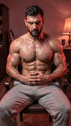 Muscular man sitting on a wooden chair, with a bare torso covered in shine from sweat or oil, showing defined pectorals, abs, broad shoulders, and very developed arms. He is wearing gray sweatpants and keeps his hands clasped over his lap, with a firm posture and legs spread, conveying intensity and strength. His expression is serious, with a dark beard and short hair slicked back, looking directly forward. The scene is set in a warm room with a wooden floor, a lit lamp in the background, and reddish side lighting that highlights the musculature and creates a dramatic fitness portrait style.