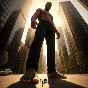Un hombre gigantesco, musculoso y sin camiseta domina una avenida urbana entre rascacielos de cristal, visto desde un ángulo muy bajo que acentúa su escala colosal y su presencia imponente. Lleva pantalones negros y va descalzo, con un pie enorme en primer plano proyectando sombra sobre el asfalto mientras varias personas diminutas caminan cerca, reforzando la sensación de gigantismo y amenaza. La luz cálida del atardecer se filtra entre los edificios altos del distrito financiero, creando reflejos dorados, sombras largas y una atmósfera cinematográfica de ciudad moderna, con coches, árboles alineados y transeúntes reducidos frente a la figura monumental.