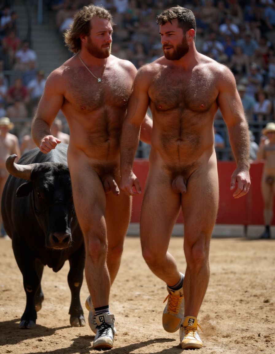 Un torero español musculoso y velludo de 50 años, con torso atlético y marcado, se muestra completamente desnudo, destacando su pene de 30 cm de longitud y 5 cm de grosor, perfectamente formado y rodeado de un denso vello púbico castaño oscuro. Sus testículos, perfectamente formados, cuelgan de forma prominente. La piel bronceada y sudorosa resalta su musculatura definida, con pectorales y abdominales bien marcados y sin grasa. El cabello largo y castaño oscuro está despeinado y sudoroso, con gotas de sudor resbalando por su frente y mejillas. Una barba incipiente y un vello corporal denso que se extiende por su pecho, piernas y brazos completan su apariencia viril. Lleva zapatillas doradas en sus pies.

A su lado, un hombre musculoso y velludo de 30 años, completamente desnudo, muestra un pene de 30 cm de longitud y 4 cm de grosor, hermoso y perfecto, rodeado de un denso vello púbico pelirrojo. Su piel bronceada y sudorosa muestra una musculatura definida, con pectorales y abdominales muy marcados. Tiene cabello pelirrojo despeinado y sudoroso. Tiene una barba pelirroja densa pero bien recortada. El vello corporal pelirrojo denso cubre su pecho, y tiene mucho vello pelirrojo en sus piernas y brazos, lo que realza su apariencia masculina y atlética. Están andando en la plaza de toros con un toro salvaje.

Ambos hombres se encuentran en una plaza de toros, con sombras que resaltan su musculatura y vello corporal, creando un ambiente sensual y cargado de tensión. Están en pleno acto de pasión, con sus penes erectos y testículos prominentes ,destacando su musculatura, vello corporal y atributos viriles en una imagen impactante y llena de energía. La escena está llena de sensualidad y poder, con los dos hombres como protagonistas, en un ambiente cargado de pasión y erotismo. La imagen es híper realista, con detalles de alta calidad, y muestra la unión de los dos hombres en un acto de pasión y dominio, con sus cuerpos musculosos y velludos completamente desnudos y visibles, mostrando su excitación y pasión en cada detalle. Tienen sus penes erectos. Están totalmente desnudos. Tiene un pene de 30 cm de longitud y 5 cm de diámetro.