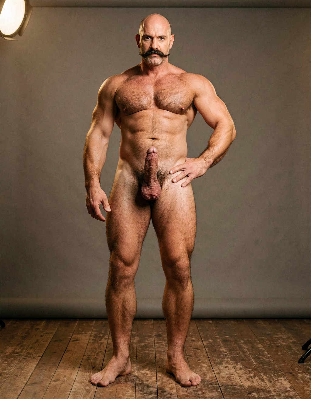 Mike Morris, a powerfully built 32-year-old man with advanced male pattern baldness and a thick dark brown handlebar mustache, stands naked in a warmly lit 1970s studio, his muscular body covered in dense dark brown hair across his broad chest and thick forearms, his erect penis fully exposed and standing long and thick, the prominent glans catching the light, heavy testicles hanging low beneath a dense patch of dark pubic hair. His bare feet are planted firmly on a worn wooden floor, the definition of his calf muscles and quadriceps sharply visible, one hand loosely at his side, the other resting on his hip, his expression intense and direct. Soft golden studio key light from above-left sculpts every detail of his defined pectorals, abdominal six-pack, and the veins running along his forearms and the dorsal side of his erect shaft, with deep shadows under his muscles, the image rendered in ultra-sharp focus with rich warm tones and subtle film grain, capturing the iconic Colt Studio aesthetic at its highest resolution.