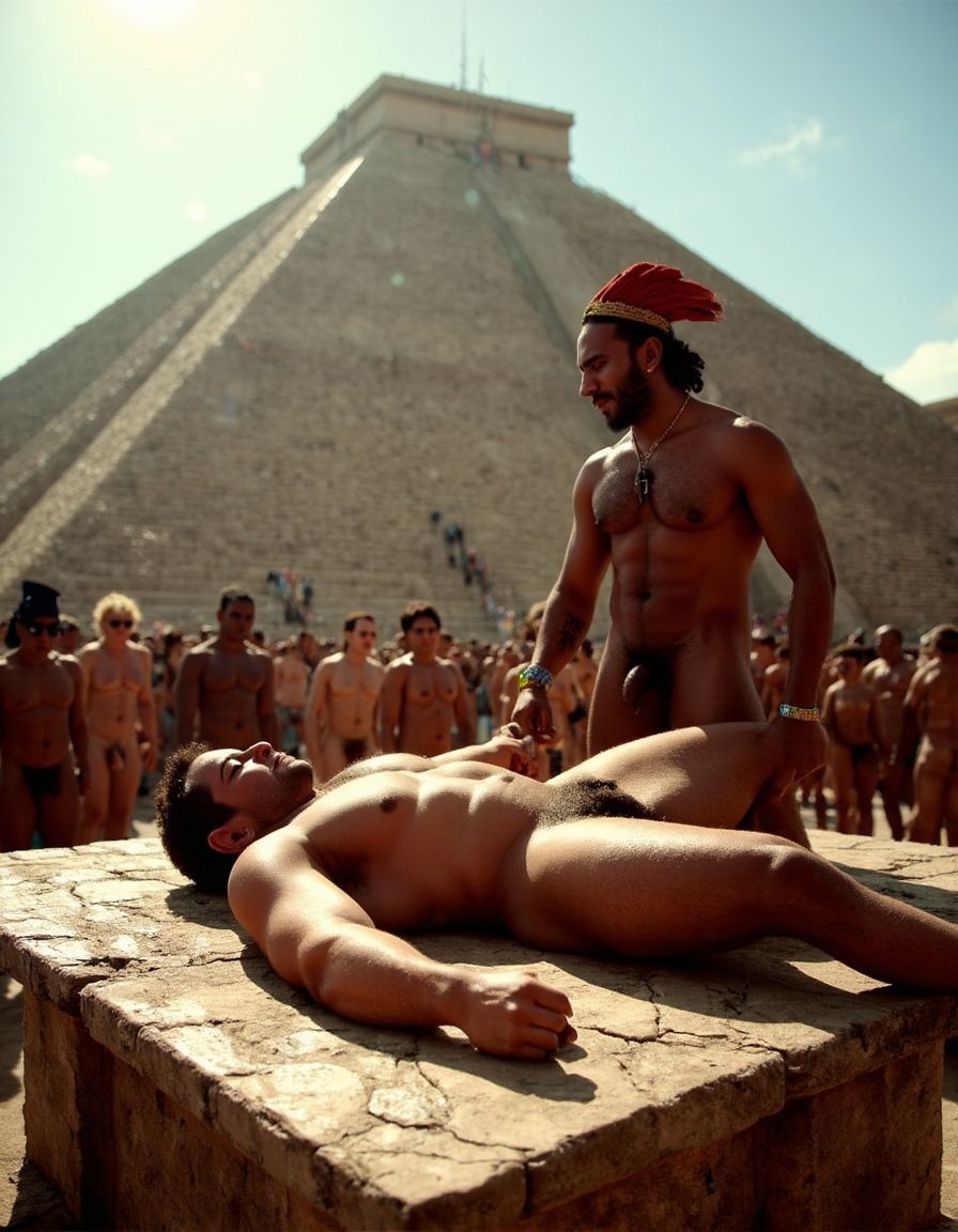 A naked man lies face up on a stone platform, his body illuminated by the sun and his penis visible, while another also naked man, with a red feather headdress, beard, and necklaces, stands beside him in a ceremonial attitude. In the background rises a large Mesoamerican-style stepped pyramid, with naked tourists or participants gathered around and climbing the central stairway. The scene conveys an outdoor ritual atmosphere, with intense light, clear sky, archaeological architecture, naked male bodies, and a dramatic composition that evokes sacrifice, ancestral ceremony, and collective spectacle.