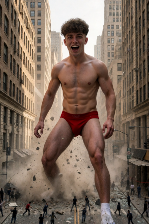 Un hombre gigantesco y musculoso, con el torso desnudo y ropa interior roja ajustada, se alza en mitad de una avenida urbana rodeada de rascacielos de piedra y ladrillo, como si acabara de irrumpir entre los edificios levantando polvo, escombros y fragmentos de asfalto. Su expresión es abierta y eufórica, con la boca muy abierta y el pelo rizado despeinado, mientras sus abdominales, brazos y piernas aparecen marcados con gran detalle. A escala diminuta, varias personas corren o miran desde la calle entre coches, señales y aceras parcialmente cubiertas por una nube de polvo, creando una escena de fantasía urbana, destrucción monumental y contraste extremo de tamaño en una ciudad tipo Nueva York.