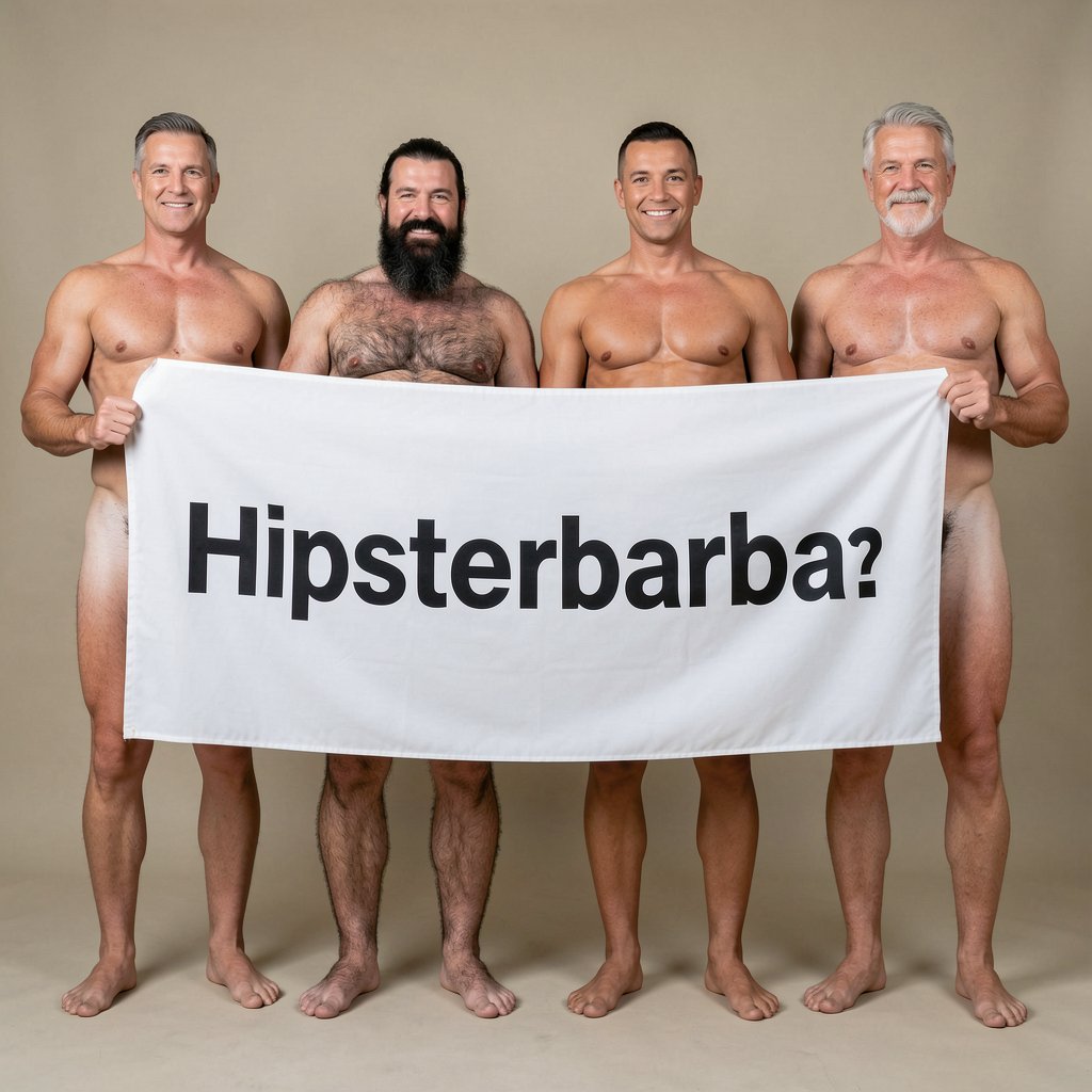 Four naked muscular men holding horizontal banner ultra high quality 8K photorealistic full body shots: El Comandante Spanish military leader 45 years short gray hair stern commanding face muscular trained body 185cm 85kg standing far left holding left edge of white banner with both hands completely naked massive erect uncircumcised penis 25cm thick veiny shaft visible below banner heavy balls alpha dominant stance proud posture, Soldado Bartolo Spanish soldier 35 years thick dark full beard short hair very hairy muscular chest arms legs groin 180cm 80kg standing center-left holding banner completely naked large erect uncircumcised penis 18cm thick visible hairy balls masculine hairy build playful smirk inviting expression, Superman alien superhero 195cm 100kg perfect bronzed smooth hairless skin short black hair with characteristic curl bright blue eyes massive superhuman muscles standing center-right holding banner completely naked enormous erect penis 23cm steel hard thick shaft visible smooth heavy balls god-like physique confident smile heroic presence, General Rodolfo Castaños 60 years short gray military hair thick gray mustache experienced muscular body 175cm 75kg standing far right holding right edge of banner completely naked thick erect penis 20cm visible mature heavy balls military bearing knowing seductive expression, all four men standing in horizontal line full body visible head to feet holding between them large stretched white fabric banner at chest level bold black text spelling Hipsterbarba with question mark clearly legible professional typography all four erect penises balls legs feet completely visible below banner military office background warm professional studio lighting 8K photorealistic resolution masterpiece quality inviting seductive expressions.