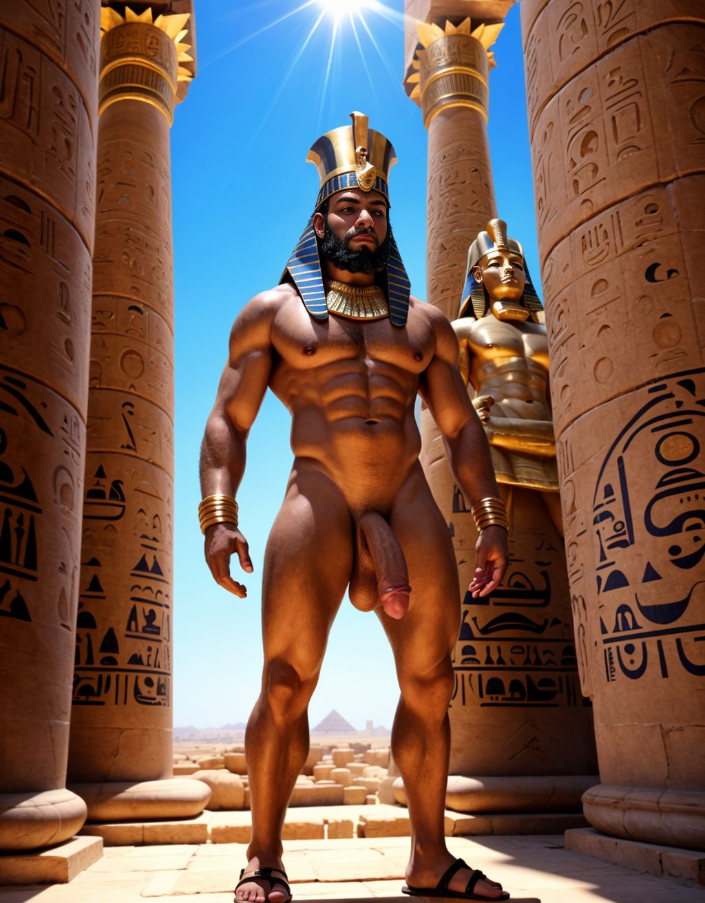 Faraón Ramsés 2 está desnudo en el Gran Templo de Abu Simbel. Tiene un pene muy grande. Tiene dos testículos grandes.  Está recibiendo un de rayo de luz del sol. En la cabeza tiene una doble corona del Alto y Bajo Egipto, el pschent. Tiene el nemes el tocado faraónico. Tiene barba recortada en forma rectangular en su barbilla de la cara. Tiene el faldellín. A su lado está la estatua de un dios llamado Re-Horackhty totalmente desnudo. Tiene sandalias de faraón. Tiene mucho vello por todo su cuerpo.