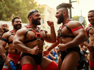 Varios hombres muy musculosos e hipermasculinos musclebear leather con arneses y gorras de cuero, velludos, con los penes erectos, están subidos en una carroza decorada a modo de tela militar, se tocan en posturas obscenas,  ríen y charlan bajo el intenso calor del verano madrileños con abanicos y botellas de agua. Luz de atardecer. Escena festiva. 