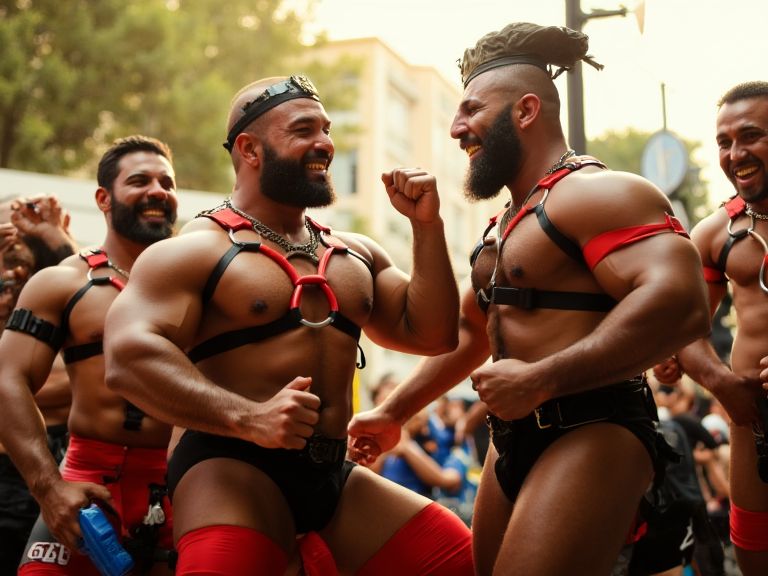 Varios hombres muy musculosos e hipermasculinos musclebear leather con arneses y gorras de cuero, velludos, con los penes erectos, están subidos en una carroza decorada a modo de tela militar, se tocan en posturas obscenas,  ríen y charlan bajo el intenso calor del verano madrileños con abanicos y botellas de agua. Luz de atardecer. Escena festiva. 