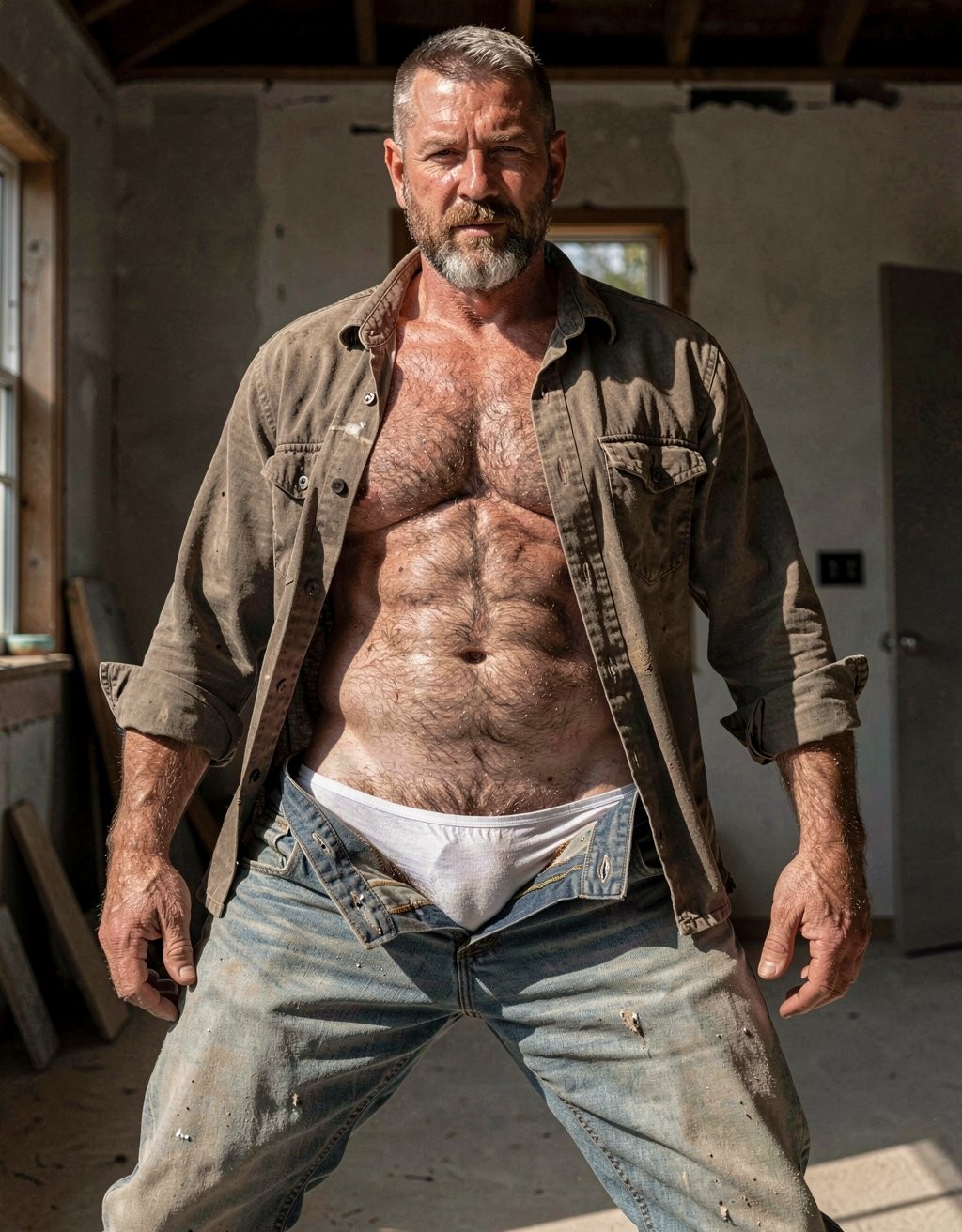 A photorealistic full-body portrait of a 45-year-old construction worker standing with legs spread wide, very short hair, thick beard, muscular build, hairy white skin torso fully visible, wearing an open work shirt and unbuttoned dirty jeans pulled low to reveal tight white cotton briefs with pubic hair spilling over the waistband, detailed skin texture, realistic body hair, natural daylight, sharp focus, high detail, cinematic lighting, 8k resolution --ar 2:3 --stylize 250 --v 6. Claroscuro