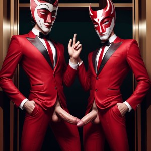 Hombres muy sexys vestidos con trajes rojos de la casa de papel, máscaras de Dalí, algunos con el pene visible, posiciones seductoras, miradas intensas, ropa ajustada, detalles eroticamente sugerentes.