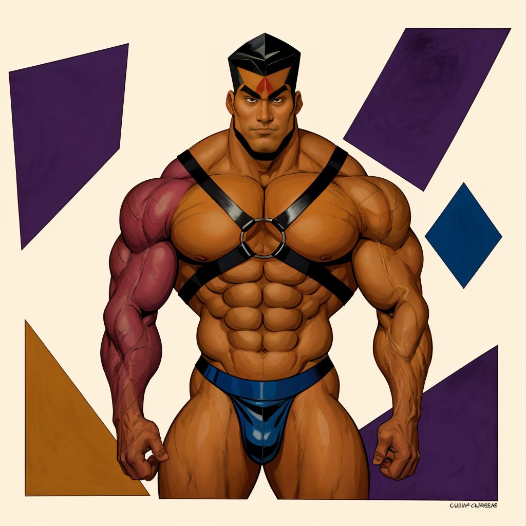Hombre musculoso con arnés de cuero, estilo cubista, fragmentado en formas geométricas, colores vibrantes, sombras profundas, texturas rugosas, anatomía distorsionada, fondo abstracto.